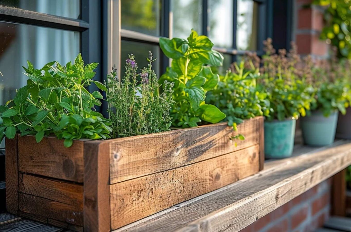 piantine di lavanda, timo, menta, salvia dentro a vasetti di terracotta appoggiati su un mobiletto in legno su un piccolo balcone